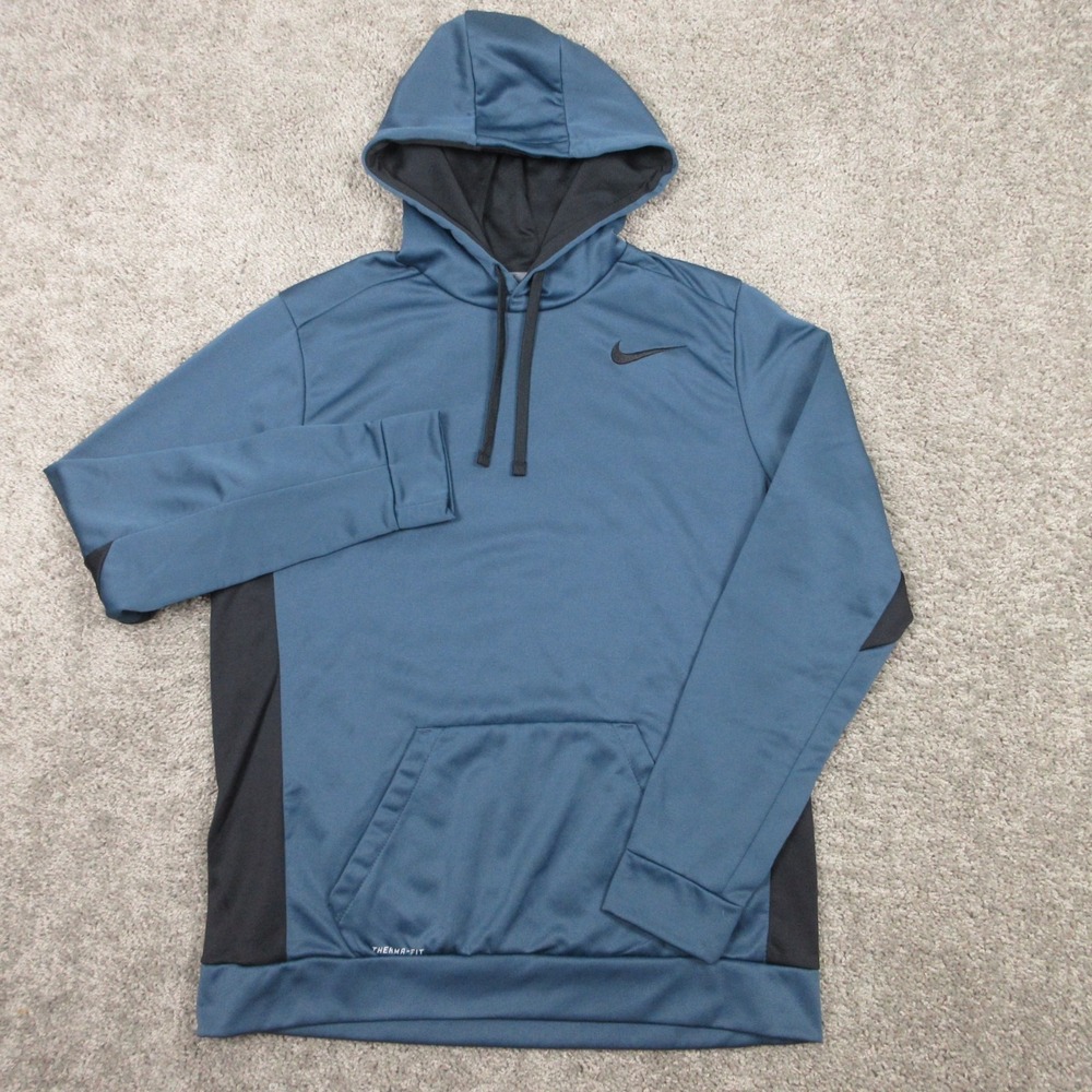 Nike Sweater Mens Large Blue Thermafit Fleece Swoosh Pullover Hoodie Sweatshirt
